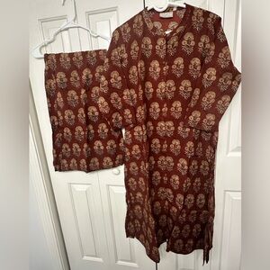 Brown and Cream Patterned Kurta pallazo set in size 23” in pure cotton